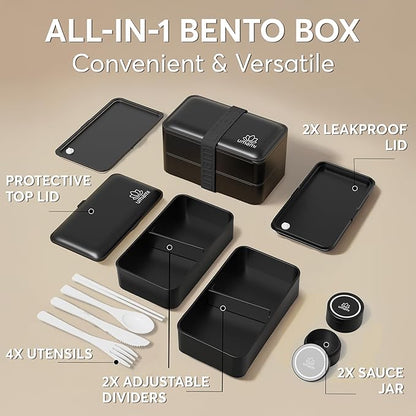 Umami Bento Box Adult All-In-1 w/4 Utensils, 2 Sauce Jar, 2 Dividers, 100% Leakproof, Microwave & Dishwasher Safe, Stackable Bento Lunch Box Containers for Men/Women, Matte Black, 40 oz