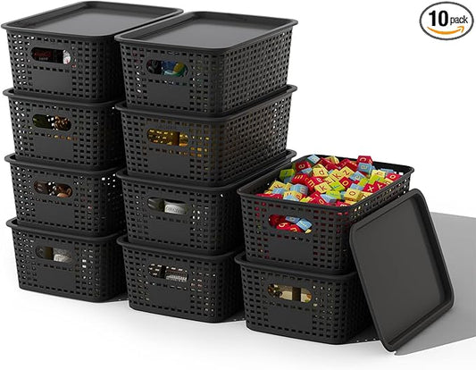 Plastic Storage Basket with Lids 10 Pack Stackable Black Storage Bins Containers with Lid, Decorative Storage Boxes for Organizing Shelves, Drawers, Playroom, Classroom, Office, Closet