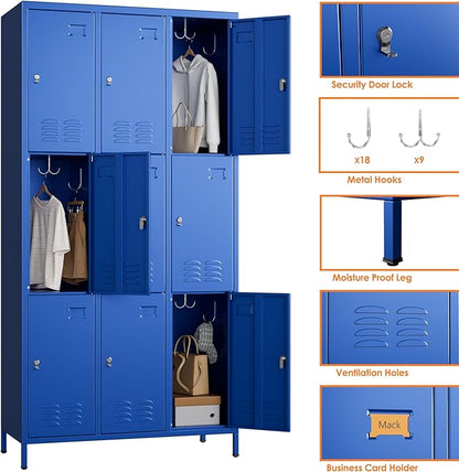 Aobabo New 9 Doors Metal Storage Locker for Employees, Lockable Steel Locker with Name Card Slot and 27 Hooks for School Office Gym Garage, Blue, Assembly Required