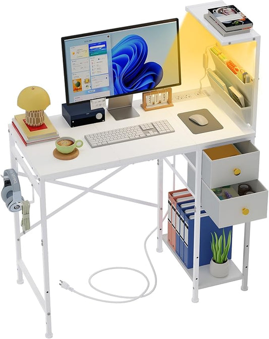 33.7" Computer Desk with Power Outlets, LED Lights & 2 Drawers, Small Office Desk with Storage Bag & Hooks, Gaming Desk for Bedrooms or Home Office, Compact Study Desk for Small Spaces，White