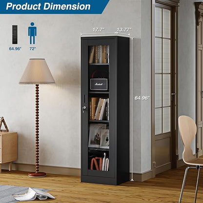 Display Storage Cabinet with Glass Doors, 65 Inches Metal Curio Cabinets with 4 Adjustable Shelves, HD Tempered Glass Cabinet Display Case for Home, Office, Pantry, Assemble Required (Black)