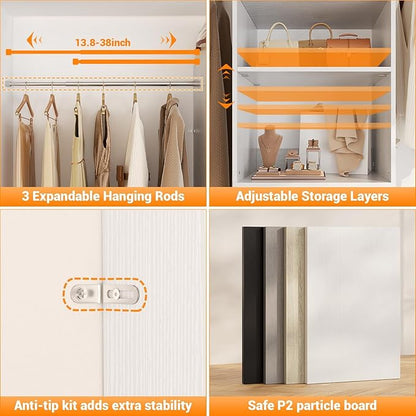 Homieasy 96 Inches Closet Organizer System, 8FT Customizable Walk In Closet Organizer with Hanging Rods, 3 Drawers Garment Rack with Leather Handle , 96" L x 16" W x 75" H, Max Load 1000 LBS, White