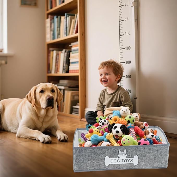 JIABEIUS Dog Toy Box, Foldable Dog Toy Storage Organizer, Fabric Toy Basket with Handle, Pet Storage Box for Pet Supplies, Dog and Cat Toys, Collars, Clothes, Treats, (Grey)