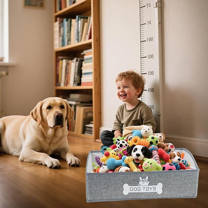 JIABEIUS Dog Toy Box, Foldable Dog Toy Storage Organizer, Fabric Toy Basket with Handle, Pet Storage Box for Pet Supplies, Dog and Cat Toys, Collars, Clothes, Treats, (Grey)