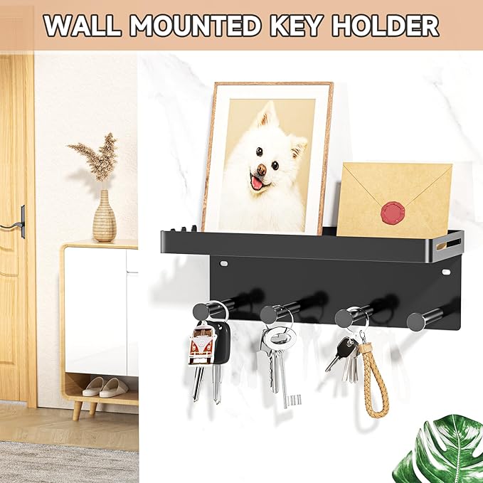 Dog Leash Holder for Wall, Key Holder Wall Mount, Metal Dog Leash Hooks, Pet Stuff Storage Shelf for Leash Hanger, Entryway Organizer Key Rack for Pet Collar, Treats, Toys, Mail (Black)