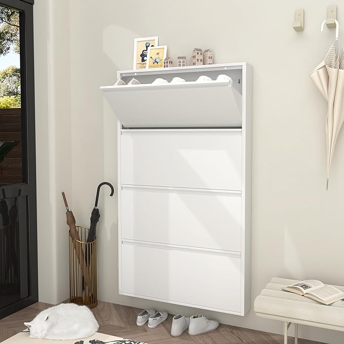 GREATMEET Metal Shoe Cabinet with 4 Flip Drawers, Wall Mount Shoe Organizer for Entryway, Narrow Shoe Storage Cabinet for Entryway Slim, Hidden Shoes Rack (White, 4 FILP Drawers)