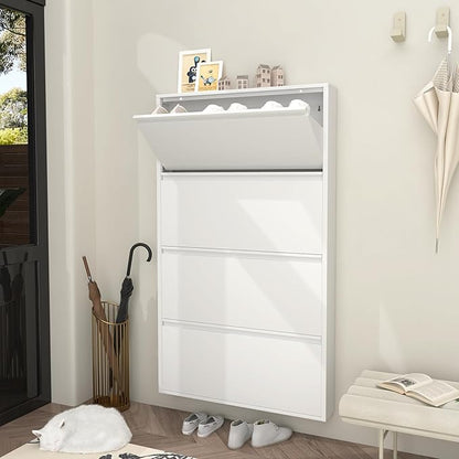 GREATMEET Metal Shoe Cabinet with 4 Flip Drawers, Wall Mount Shoe Organizer for Entryway, Narrow Shoe Storage Cabinet for Entryway Slim, Hidden Shoes Rack (White, 4 FILP Drawers)