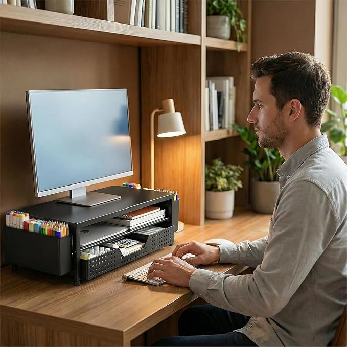 Desk Organizer and Accessories, 2-Tier Computer Monitor Stand Rise with Storage Drawer & 2 Pen Holders, Laptop & Printer Stand for Desktop, Workspace Organizers for Office Supplies (Black Wood)