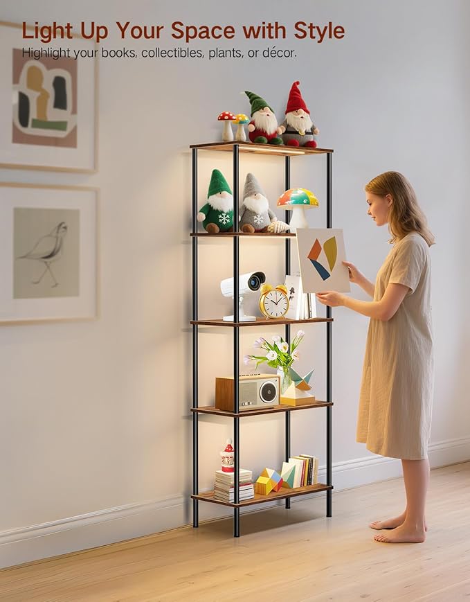 5 Tier Bookshelf with LED Light, Dimmable Bookcase with Touch & Remote Control, 3 Color Temperatures, Tall Modern Display Standing Shelf for Living Room, Bedroom, Home Office (Rustic Brown)
