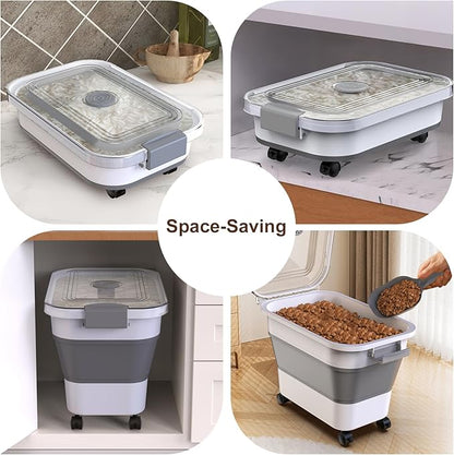 Rice Storage Container, Collapsible Airtight Food Storage Containers 20-30lbs with Clear Lid and Wheels, Rice Dispenser with Scoop for Flour Cereal Pasta Grain, Cat Pet Bird Dog Food Storage Container