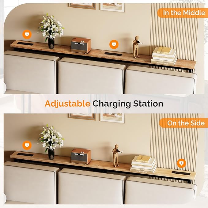 VINGLI 79" Console Table with Charging Station, 5.9" Narrow Sofa Table Set of 2, Entryway Table with Power Outlet & 4.9 Ft Extension Cord & Adjustable Feet, for Living Room, Hallway, Oak