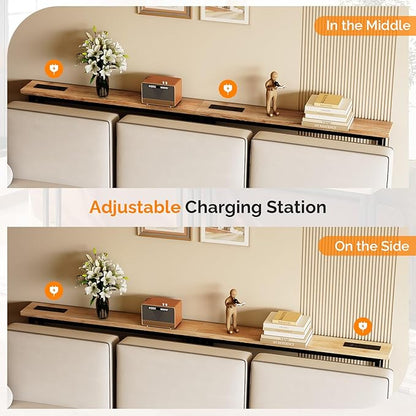 VINGLI 79" Console Table with Charging Station, 5.9" Narrow Sofa Table Set of 2, Entryway Table with Power Outlet & 4.9 Ft Extension Cord & Adjustable Feet, for Living Room, Hallway, Oak