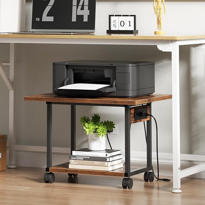 Printer Table, 2-Tier Under Desk Printer Stand with Charging Station, Printer Stand with Wheels, Printer Shelf for Small Spaces, PrinterCart for Home Office Rustic Brown