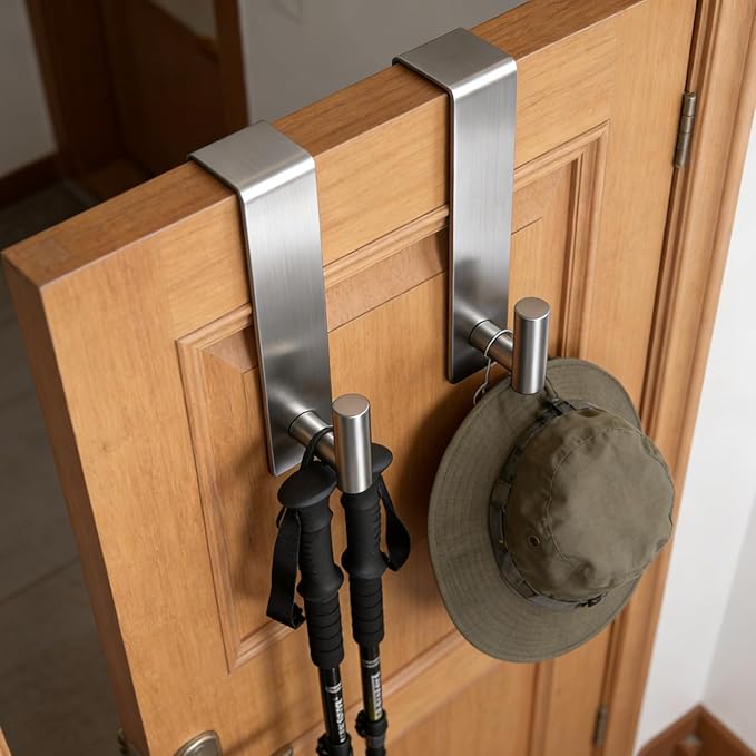 PMMASTO 2-Pack Over The Door Hooks - Rustproof Stainless Steel Door Hangers for 1-3/4 Inch Doors, Non-Marking and Tool-Free Easy Install (Silver, T Shape-Fits 1-3/4" Thick Door)