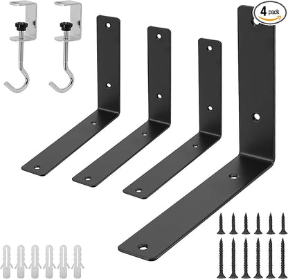 L Floating Shelf Brackets,4 Pack Heavy Duty L Brackets for Shelves, L 8" X H 6" Black Metal Countertop Support Brackets,Wall Mounting for Wood