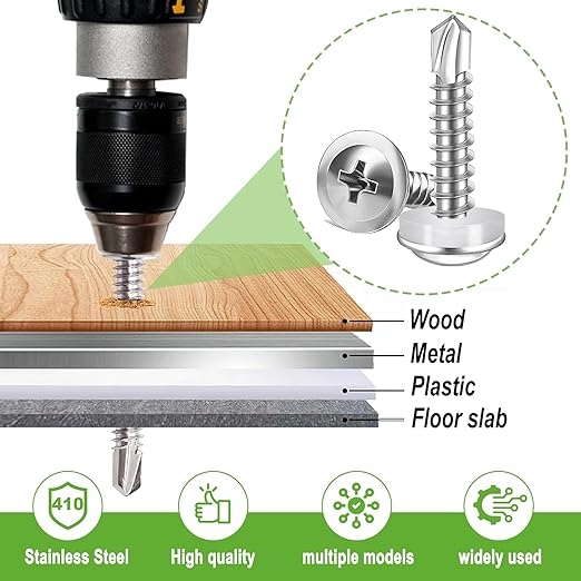 mxuteuk 1220PCS #8#10 Self Tapping Screws for Metal,410 Stainless Steel Self Drilling Screws,Truss Head 1/2" to1-1/2'' Self Tapping Screw for Plastic(610pcs Screw+610pcs Washer)