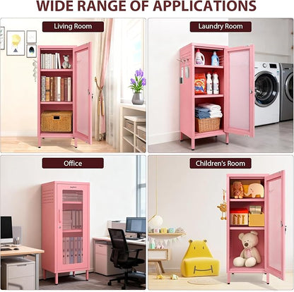 Metal Storage Cabinet, 39.37" H Small Pink Metal Locker Cabinets with Lockable Mesh Door and Handle, 2 Adjustable Shelves, 2 Pegboards & 6 Hooks for Home, Office, Bedroom, Kitchen, Assembly Required
