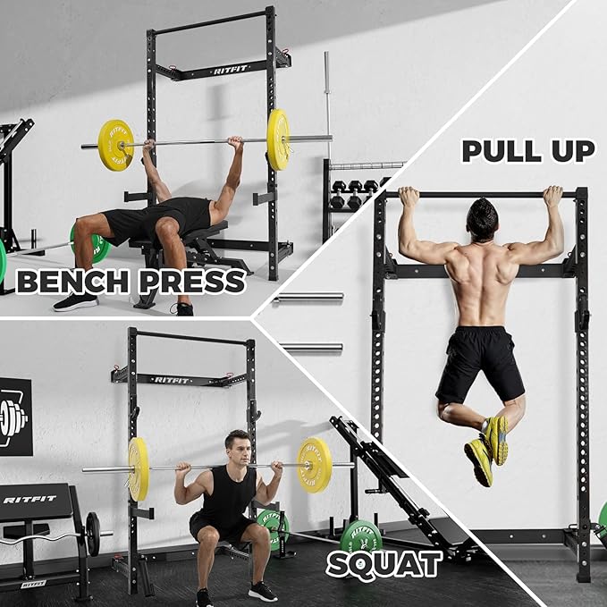RitFit 2.36'' x 2.36'' Folding Squat Rack for Home Gym, Wall Mounted Squat Rack with Attachments - Space Saving Squat Power Rack