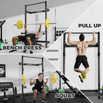RitFit 2.36'' x 2.36'' Folding Squat Rack for Home Gym, Wall Mounted Squat Rack with Attachments - Space Saving Squat Power Rack
