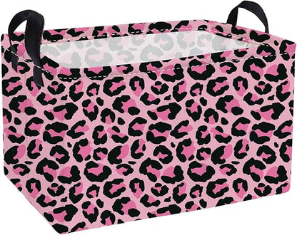 Essme Rectangular Kids Baskets,Pink Storage Basket with Handles for Girls Room Decor, Leopard Print Box,Cute Storage Bin（Pink leopard print）