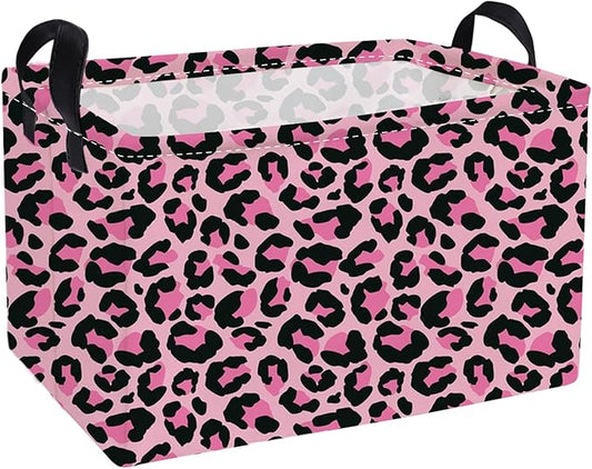 Essme Rectangular Kids Baskets,Pink Storage Basket with Handles for Girls Room Decor, Leopard Print Box,Cute Storage Bin（Pink leopard print）