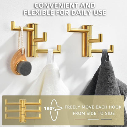 Angle Simple Towel Hooks Swivel, 304 Stainless Steel 3 Arms Foldable Hand Towel Holder, Coat Hooks, Brushed Dark Gold, 2 Pack
