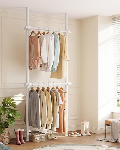 Floor to Ceiling Clothes Rack, Heavy-Duty Telescopic Garment Rack, 43–122in Height & 30–47in Width, 220lbs Total Load Capacity, 2-Pole, White