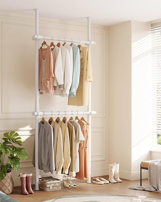 Floor to Ceiling Clothes Rack, Heavy-Duty Telescopic Garment Rack, 43–122in Height & 30–47in Width, 220lbs Total Load Capacity, 2-Pole, White