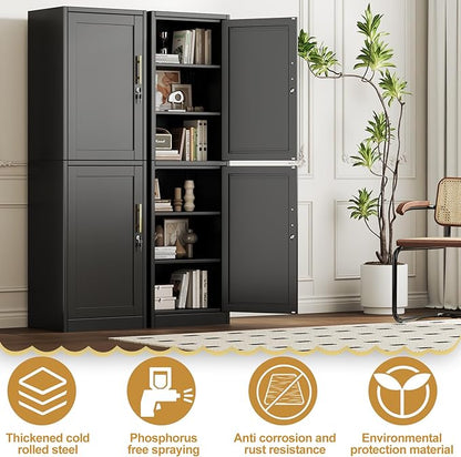 Metal Storage Cabinet with Lock 2 Doors and Shelves, Steel File Cabinets, Kitchen Pantry Cabinet Locker Organizer - 67" Tall Locker Storage Cabinets for Kitchen,Bathroom,Bedroom,Office(Black)