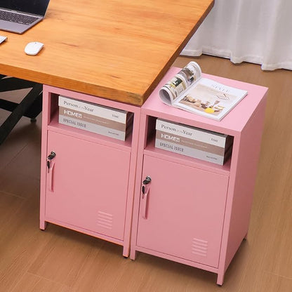 ALBAD Compact Metal Nightstand with Lockable Cabinet and Open Shelf, Modern Bedside Table, Versatile Side Table for Bedroom, Living Room, or Office (Pink, 26" H-Lockable Door)
