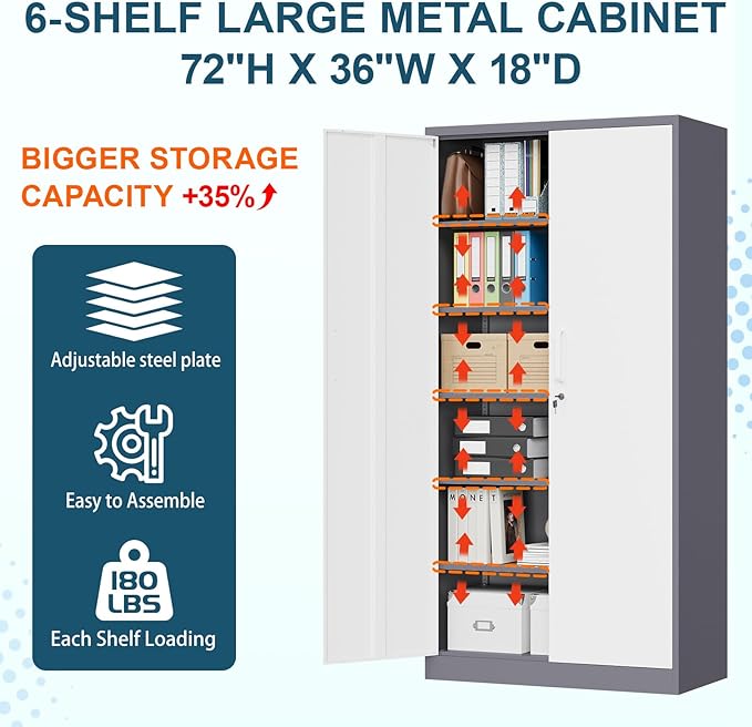 MIIIKO Storage Cabinet with Locking Doors, 72" Tall Metal Cabinet with 5 Adjustable Shelves, 36" Wide Steel Cabinets for Home Office, Garage, Pantry, Workshop…
