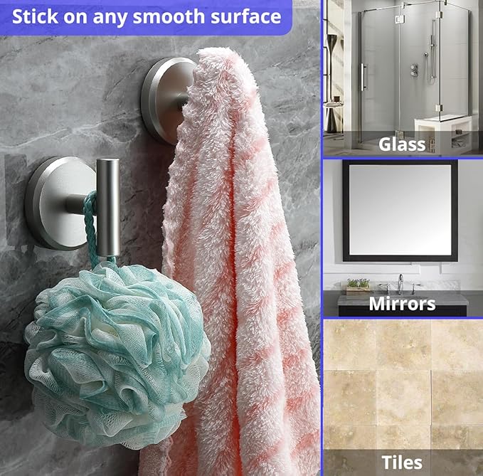 HOME SO Suction Cup Hooks for Shower & Bathroom Towel Holder 2-Pack – Suction Cups Hooks for Hanging Towels, Robes, & Coats - Tiles, Glass Door or Mirror – Shower Hooks & Towel Hooks - Nickel T-Shape