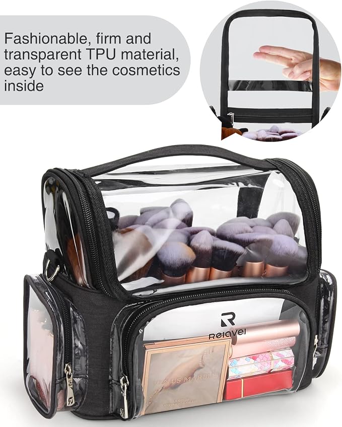 TANTO Clear Makeup Brush Case,Stand-up Makeup Cup Large Cosmetic Organizer Holder Professional Makeup Artist Travel Case with Adjustable Divide&Strap (02-Black（X Large）)