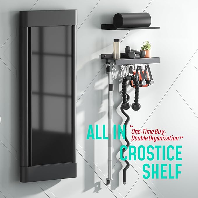 2-Tier Metal Shelf Compatible with Tonal Accessories, Floating Shelf Organizer for Home Gym Storage, T-Locks Adapter Bracket Hanger, Gym Rack Wall Mounted with Hooks, Workout Storage Holder