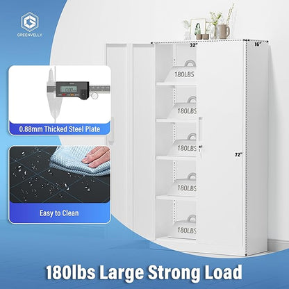 Greenvelly White Metal Storage Cabinet, 72" Locking Storage Cabinets with Doors and 4 Shelves, Tall Tool Storage Cabinet for Garage, Steel Lockable File Cabinet Metal Locker for Home Office, Classroom