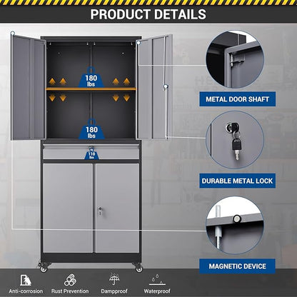73" Metal Cabinet-Black&Gray Heavy Duty Rolling Storage Cabinet Steel Tool Cabinets with Wheels, Shelves, Lockable Doors and Drawers- for Garage, Pantry, Warehouse - Assembly Required