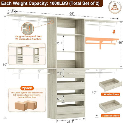 Aheaplus Closet System with Drawers Set of 2, Wood Closet Organizer System with 8 Hanging Rods & Top Shelves, Walk-in Closets Organizer Wardrobe Clothes Rack, Cut Fits Spaces 4-9FT. Wide, White Oak1