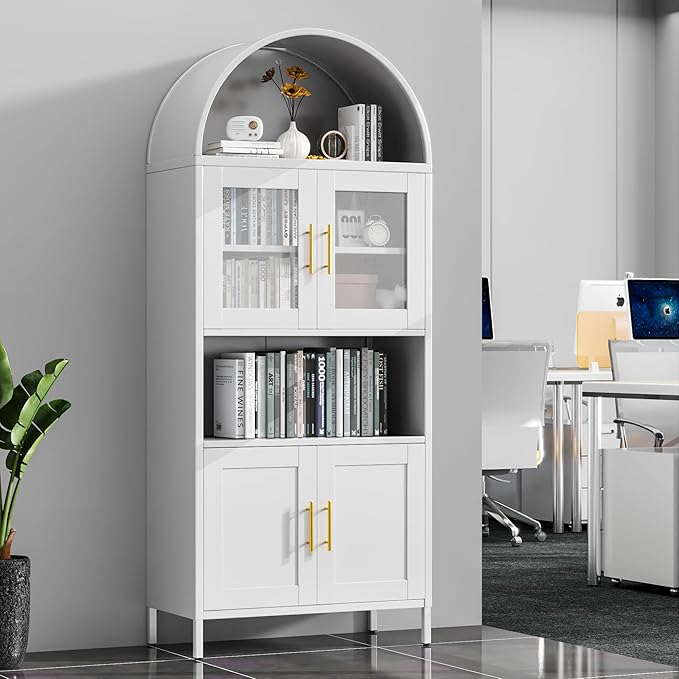 Metal Arched Pantry Cabinet,White Arched Kitchen Pantry Cabinet with 4 Doors for Kitchen Home, Assemble Required,White,72.83"×30.71" W×15.35" D