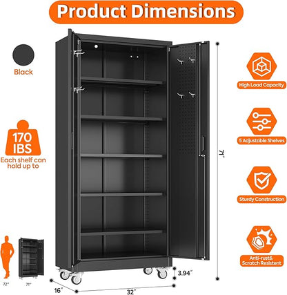 Aobabo Garage Storage Cabinet with Door Pegboard,Lockable Metal Storage Cabinet with 5 Adjustable Shelves for Garage Home,Required Assembly,Black