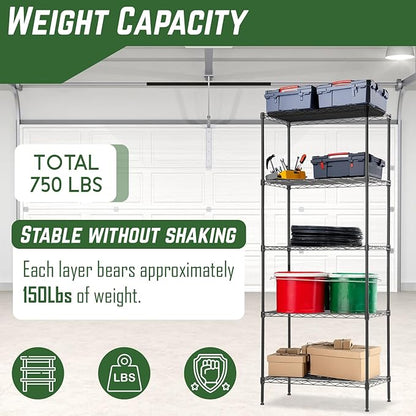 PayLessHere 5-Tier Adjustable Wire Shelf 12" W x 17" D x 48" H Max Load 750 lbs, Easy Assembly, Versatile Storage Solution, Durable and Stable for Home and Office,Black