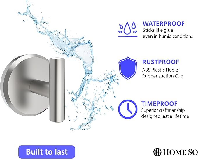 HOME SO Suction Cup Hooks for Shower & Bathroom Towel Holder 2-Pack – Suction Cups Hooks for Hanging Towels, Robes, & Coats - Tiles, Glass Door or Mirror – Shower Hooks & Towel Hooks - Nickel T-Shape