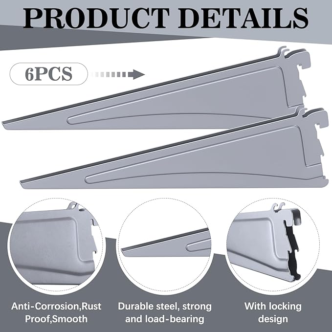 Adjustable Locking Shelf Bracket 16 Inch Shelf Brackets Heavy Duty Wire Shelving Brackets for Deep Wire Shelving Double Track System(Gray,6 Pcs)