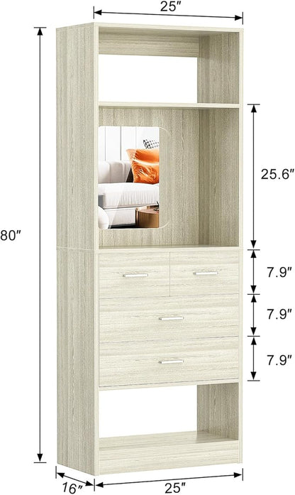 Unikito 2FT Closet System with 4 Drawers, 25 Inch Wood Closets Organizer with Storage Shelves and Mirror Design, Freestanding Sturdy Walk in Closet Tower for Bedroom, 25" W x 16" D x 80" H, White Oak