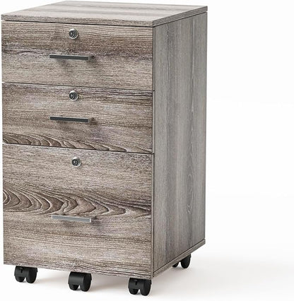 VINGLI 3-Drawer File Cabinet with Lock, Wood Rolling Filing Cabinets for Home Office, Mobile Printer Stand, Under Desk File Organizer for Letter Sized Files, 26" H(Caster Included),Gray Oak