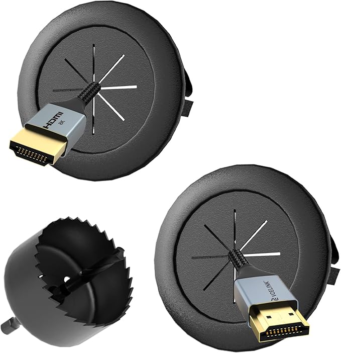 VCELINK in-Wall Cable Management Kit, 2.44" (62 mm) Mini Wall Cord Hider for TV/Coaxial/HDMI/Speaker Cords, Includes 2 Pass-Throughs, Locking Brackets, and Hole Saw Drill Attachment, Black, 2 Pack