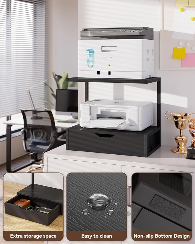 IBUYKE 2 Tier Desktop Printer Stand,Multi-Purpose Desk Organizer,Printer Table with Storage Shelf for Folders,Books,for Fax Machine, Scanner,Home Office,Black TLJ015B
