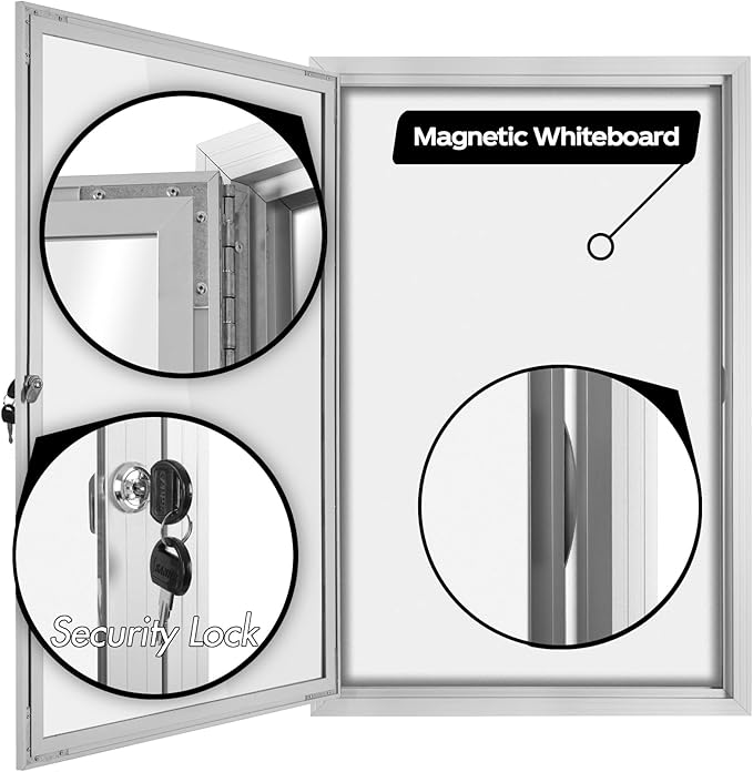 INNOVART Enclosed Bulletin Board 36”x24”, Lockable Dry Erase Noticeboard with Aluminum Frame, Outdoor Enclosed Whiteboard Weatherproof, Wall Display Case with Swing-Open Door Information Cabinet