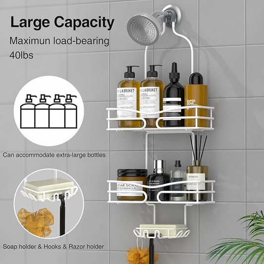 Over Head Shower Caddy - Bathroom Shower Organizer with Soap Holder & 6 Hooks for Towels, White, 76L Capacity, Hanging Mount, Rust Resistant
