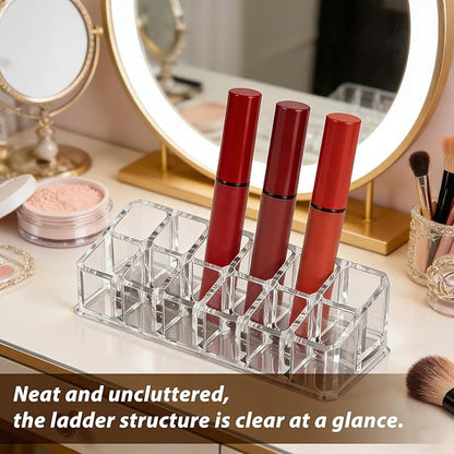 SYNTHORA 12 Slots Lipstick Holder, Clear Cosmetic Display Case for Lipsticks, Lip Gloss & Makeup Storage, Space-Saving Vanity Organizer (1 Pack)
