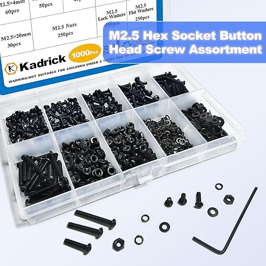 Kadrick Metric Screw Assortment, 1000PCS Metric Bolt Assortment Kit M2.5 Machine Screws with Lock & Flat Washers, Grade 10.9 Alloy Steel Hex Socket Button Head Black Screws Nuts and Bolts Kit